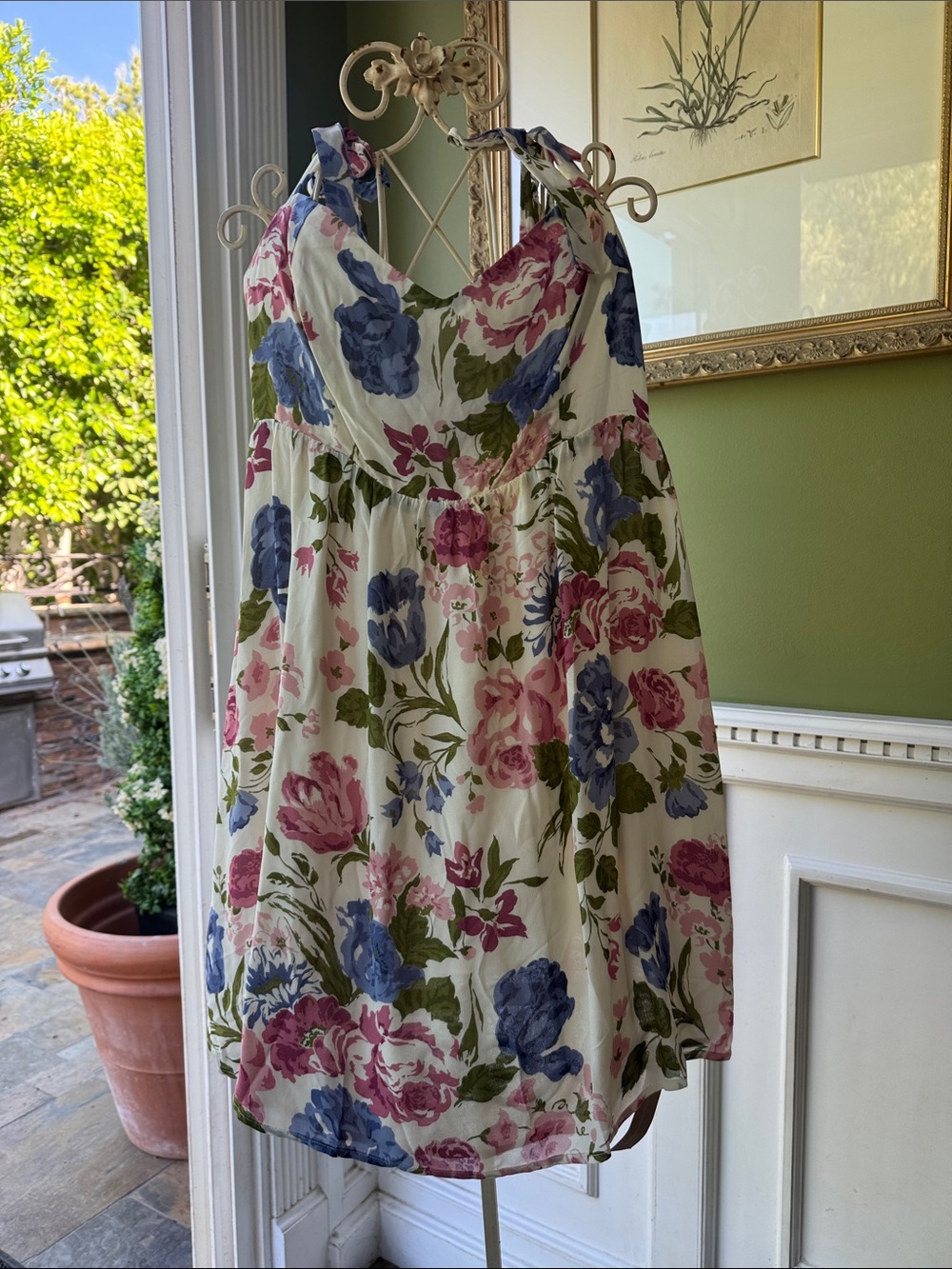 Reformation Cream Sundress with Pink & Blue Floral Print